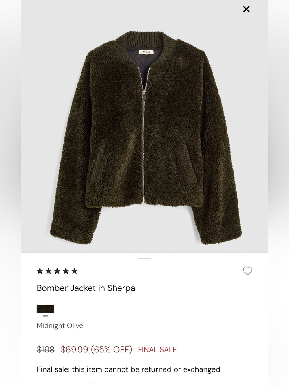 Madewell Olive Green Sherpa Bomber Jacket